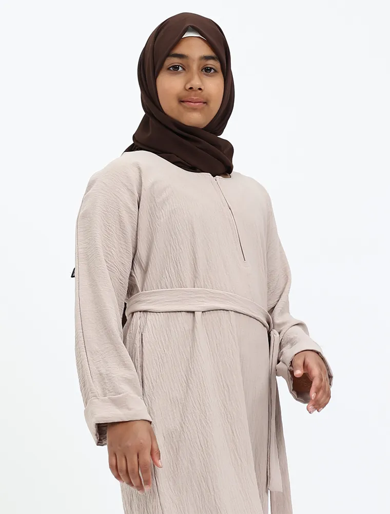 Beige Linen Feel Basic Girls Abaya